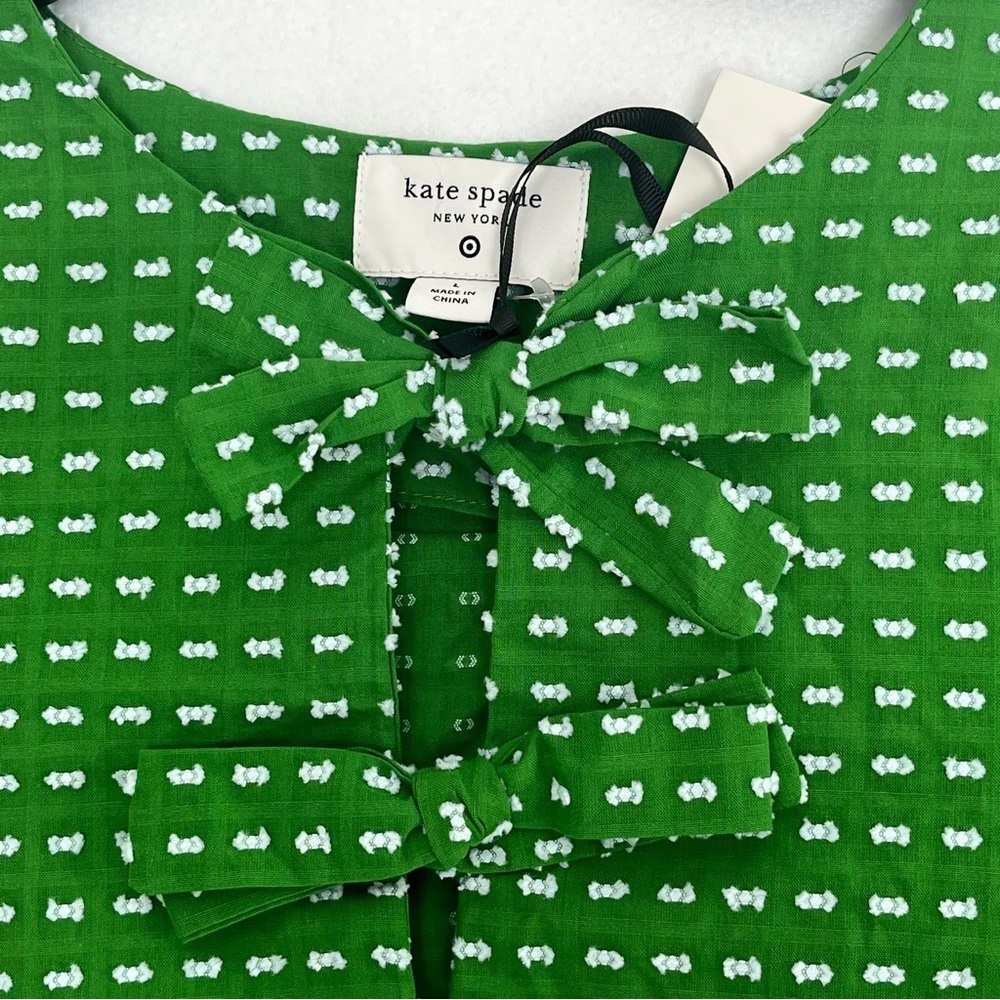 NWT Kate Spade Blouse Textured Polka Dot Bow Front Puff Sleeve Green Top Size L - Picture 2 of 9